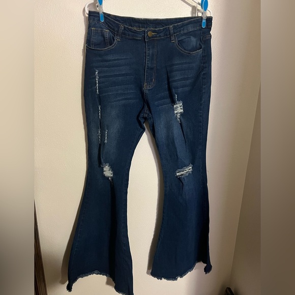 NO BRAND Distressed Denim Raw Hem Bell Bottom‎ Super Flare jeans Women's Sz XL - Picture 1 of 5